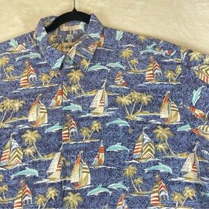 Campia Moda cotton men’s Hawaiian shirt button up Sailboats and dolphins sz XL